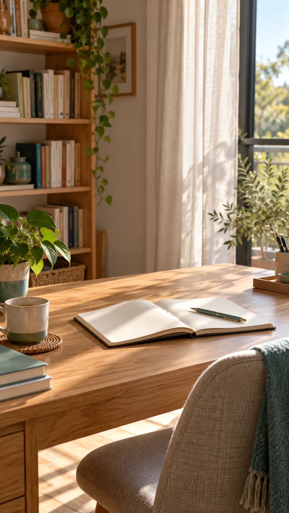 Mesa de estudio junto a una ventana, con un cuaderno abierto, una taza y plantas