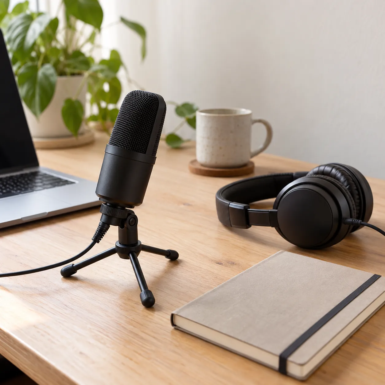 Micrófono, auriculares y libreta sobre una mesa, el equipo para grabar las clases