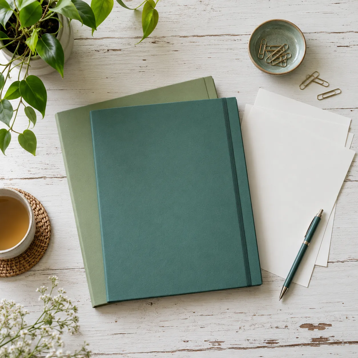 Carpeta verde, hojas y lapicera sobre una mesa clara, junto a una taza de té y plantas